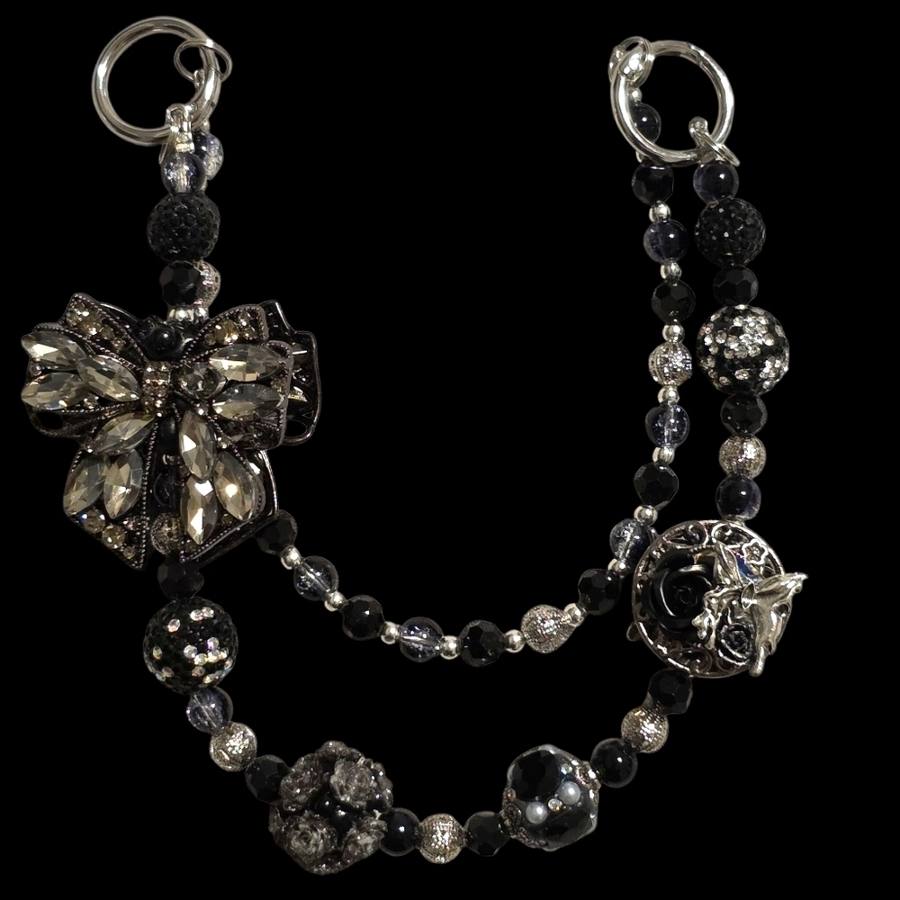 Elegant Black and Silver Beaded Bow Bag Charm